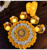 Stunning Handcrafted Flower Rangoli Mat and Tealight Candle Holder Set for Elegant and Unique Home Decor and Gifts, Festivals Wedding Gifts